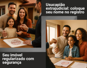 Família sorridente recebendo chave de imóvel regularizado, ao lado de advogado, simbolizando usucapião extrajudicial e segurança jurídica. Imagem institucional da Carvalho Gomes Advogados.