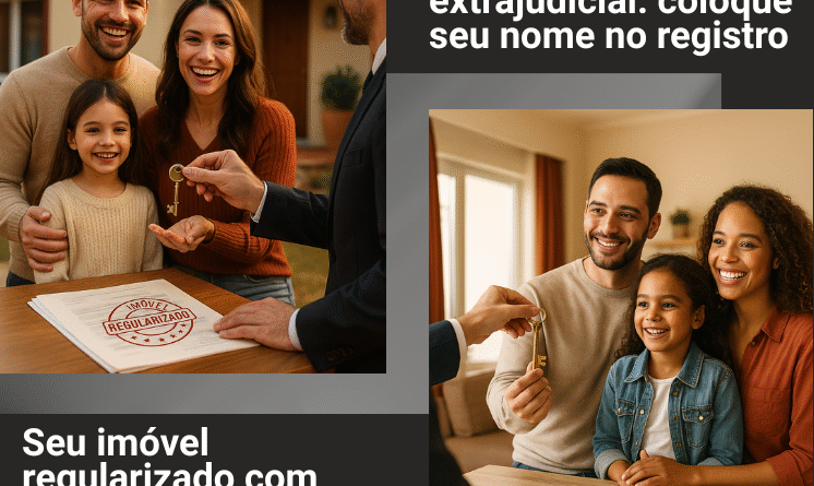 Família sorridente recebendo chave de imóvel regularizado, ao lado de advogado, simbolizando usucapião extrajudicial e segurança jurídica. Imagem institucional da Carvalho Gomes Advogados.