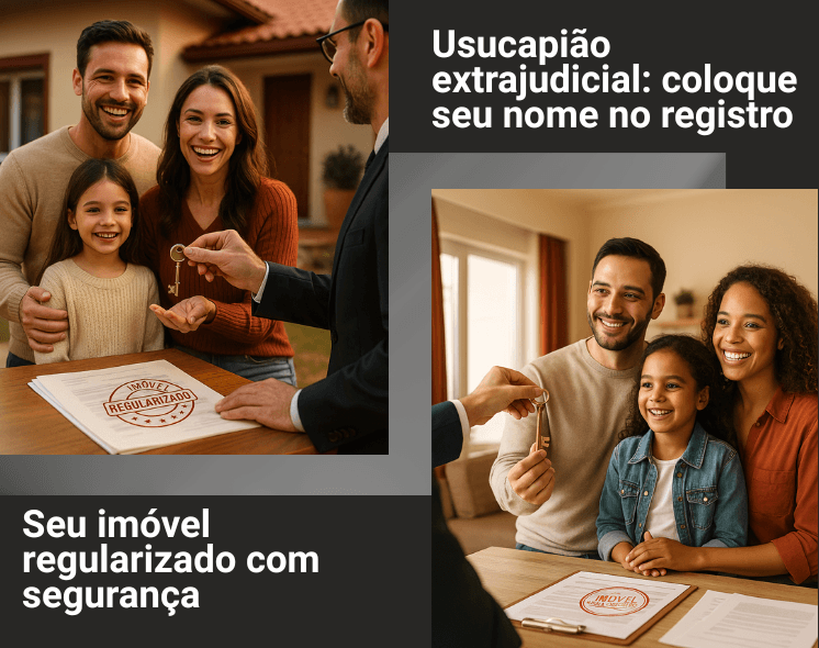 Família sorridente recebendo chave de imóvel regularizado, ao lado de advogado, simbolizando usucapião extrajudicial e segurança jurídica. Imagem institucional da Carvalho Gomes Advogados.