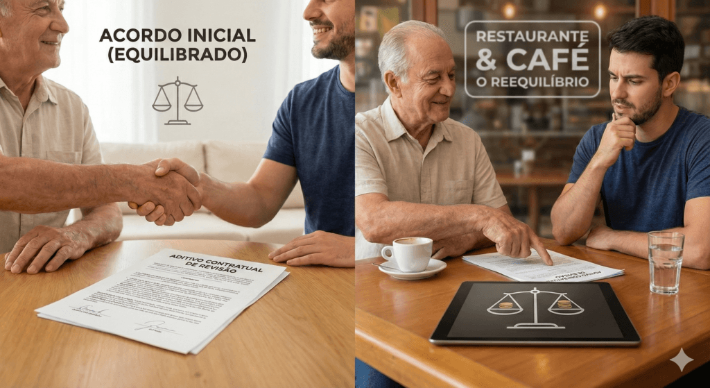 Locador e locatário em reunião amigável revisando aditivo contratual para reequilíbrio financeiro do aluguel, com tablet exibindo uma balança equilibrada.