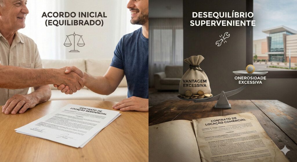 Comparativo visual entre contrato de locação equilibrado com aperto de mão e desequilíbrio financeiro superveniente representado por uma balança desigual com dinheiro.