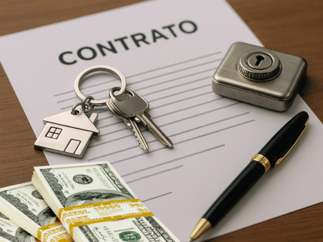 Contrato imobiliário assinado com chaves, caneta e dinheiro sobre a mesa — simbolizando segurança e confiança na conta notarial vinculada.