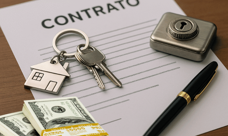 Contrato imobiliário assinado com chaves, caneta e dinheiro sobre a mesa — simbolizando segurança e confiança na conta notarial vinculada.