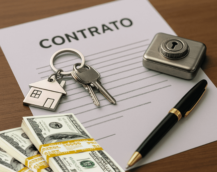 Contrato imobiliário assinado com chaves, caneta e dinheiro sobre a mesa — simbolizando segurança e confiança na conta notarial vinculada.