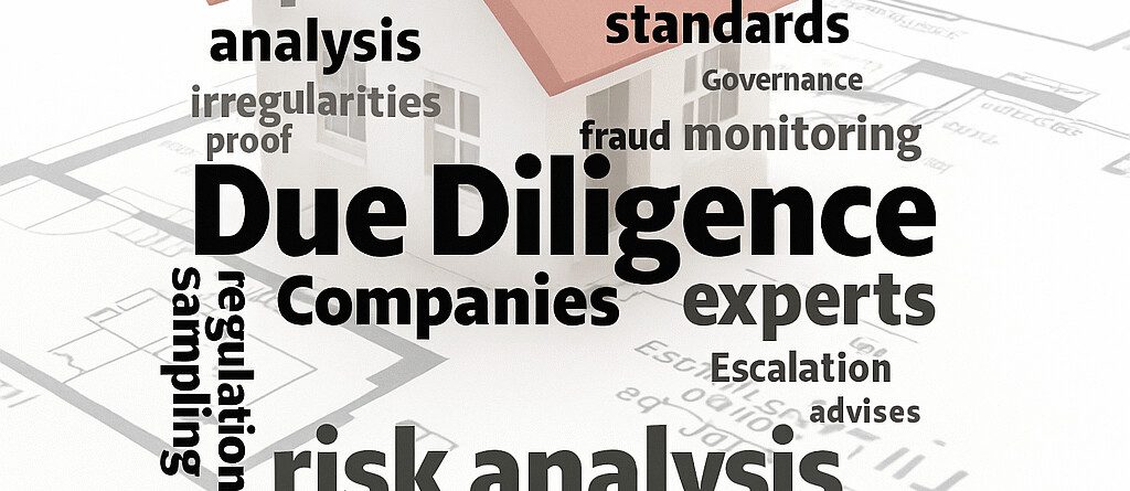 Ilustração representando a Due Diligence Imobiliária, com palavras associadas à análise de risco, auditoria jurídica e conformidade sobre uma planta de imóvel.