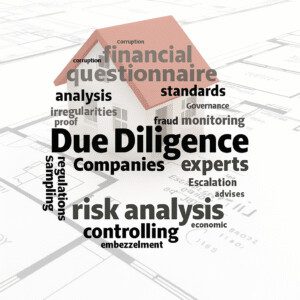 Ilustração representando a Due Diligence Imobiliária, com palavras associadas à análise de risco, auditoria jurídica e conformidade sobre uma planta de imóvel.