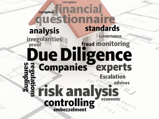 Ilustração representando a Due Diligence Imobiliária, com palavras associadas à análise de risco, auditoria jurídica e conformidade sobre uma planta de imóvel.