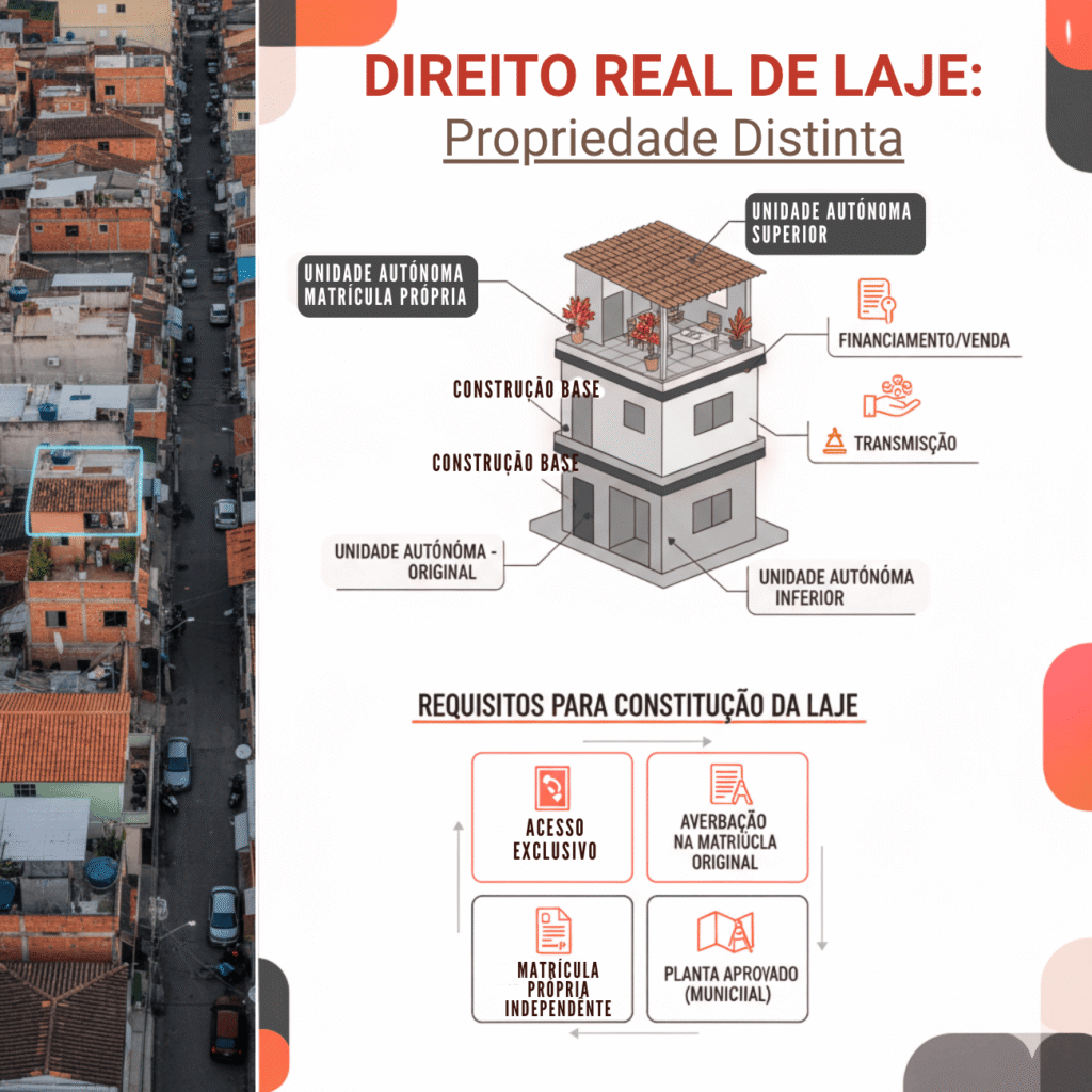 Ilustração do direito real de laje mostrando construção-base e unidades autônomas superior e inferior com matrícula própria e requisitos legais para constituição da laje.