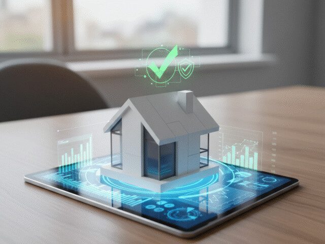 Contrato de administração de imóveis. Miniatura de casa sobre um tablet com gráficos digitais e ícones de segurança, simbolizando a gestão e proteção de imóveis.