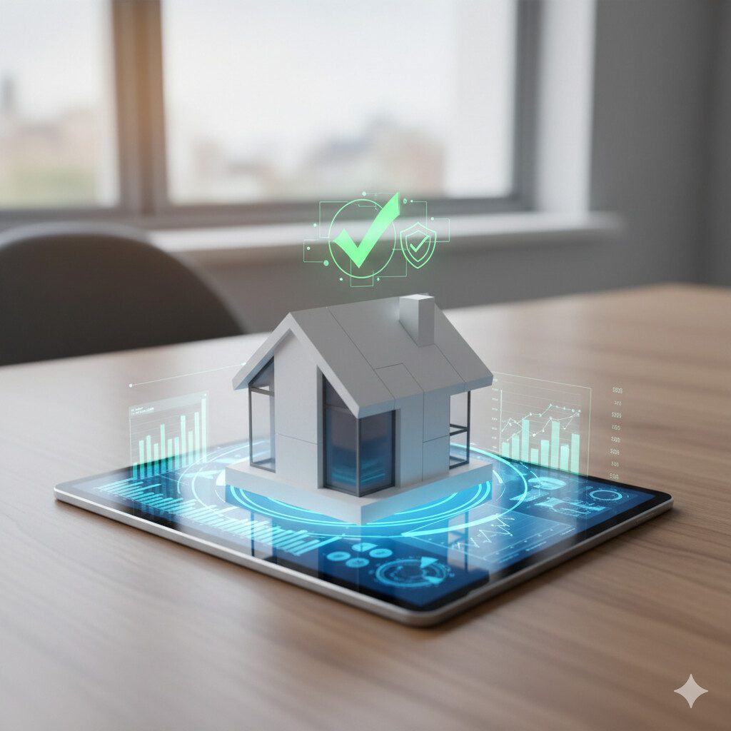 Contrato de administração de imóveis. Miniatura de casa sobre um tablet com gráficos digitais e ícones de segurança, simbolizando a gestão e proteção de imóveis.