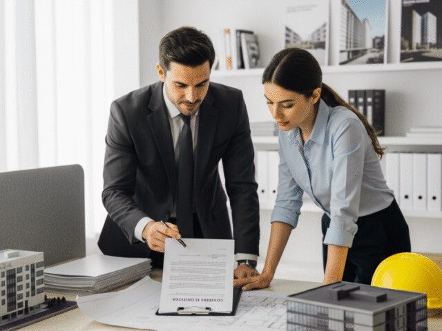 Advogado e engenheira analisando contrato de empreitada e plantas de construção.