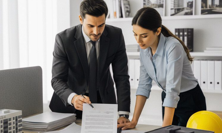Advogado e engenheira analisando contrato de empreitada e plantas de construção.