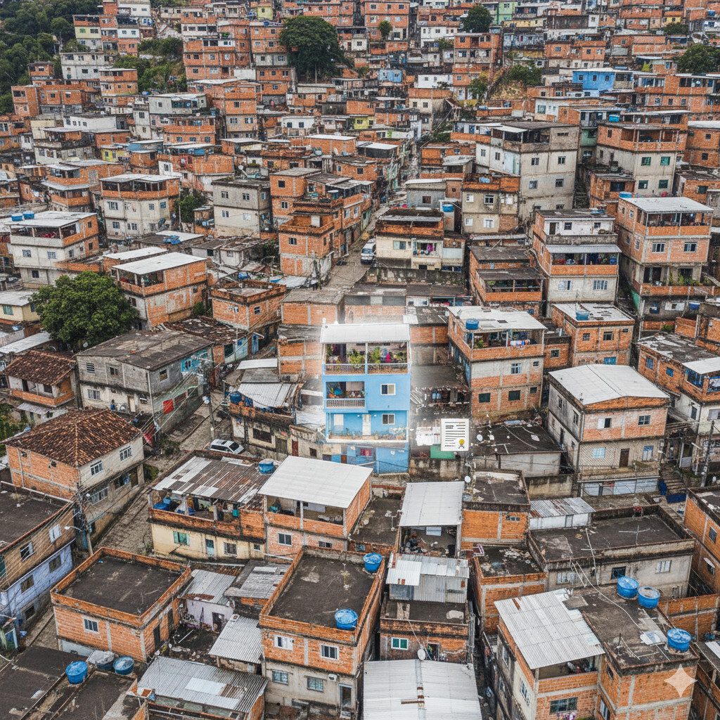 Vista aérea de comunidade com construções sobrepostas, ilustrando o conceito de direito real de laje e regularização de puxadinhos.