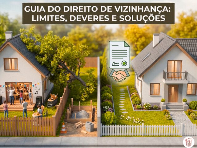 Direito de vizinhança: casas vizinhas separadas por muro, ilustrando limites do direito de propriedade, uso anormal da propriedade e convivência entre vizinhos.