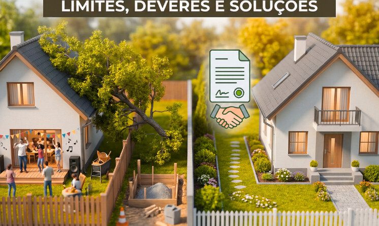Direito de vizinhança: casas vizinhas separadas por muro, ilustrando limites do direito de propriedade, uso anormal da propriedade e convivência entre vizinhos.