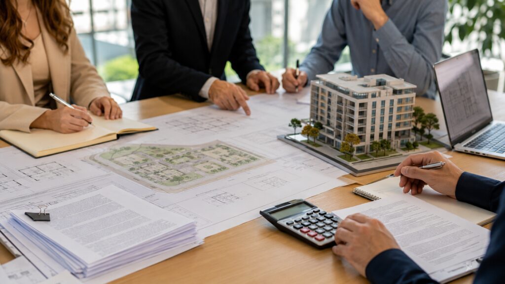 Análise de viabilidade para incorporação imobiliária com plantas arquitetônicas, documentos, calculadora, notebook e maquete de empreendimento.