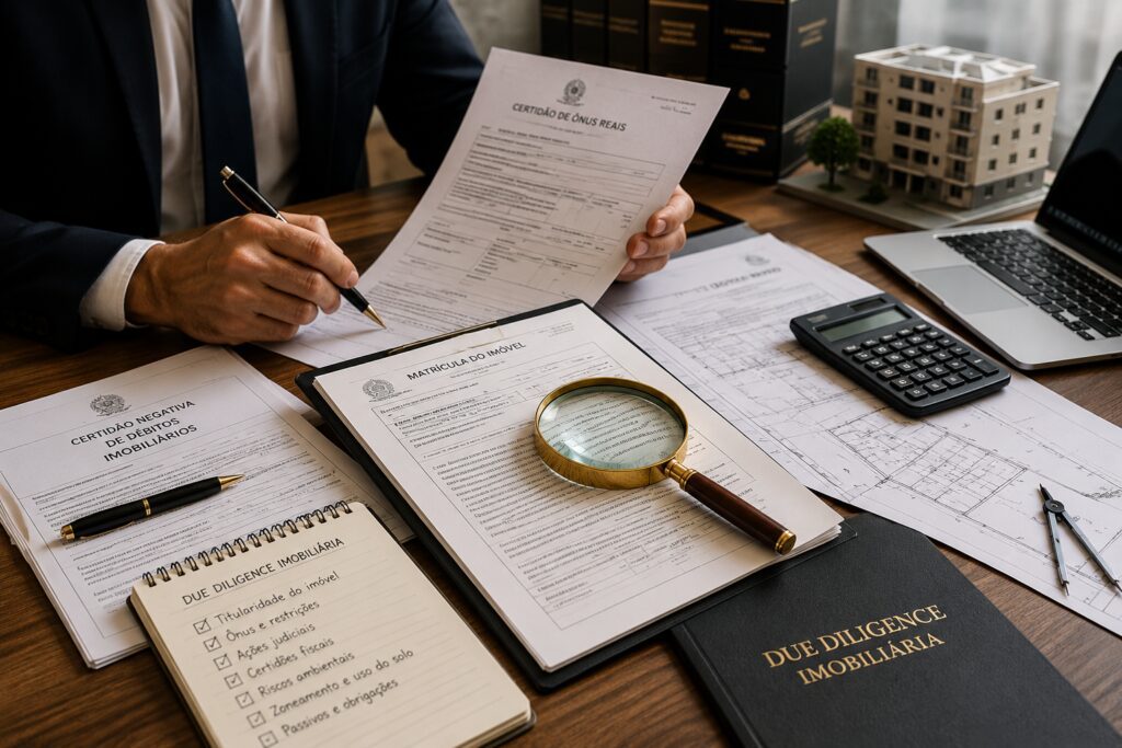 Due diligence imobiliária com análise de matrícula, certidões, documentos do terreno, planta arquitetônica e riscos jurídicos da incorporação.