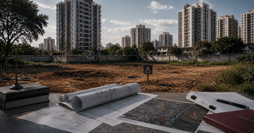 Terreno urbano com riscos ocultos analisado em due diligence imobiliária para incorporação.