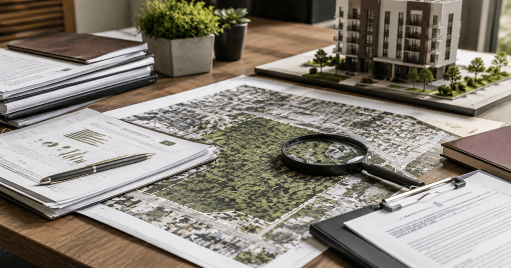Due diligence ambiental em terreno para incorporação imobiliária com análise de mapas, documentos e vegetação.