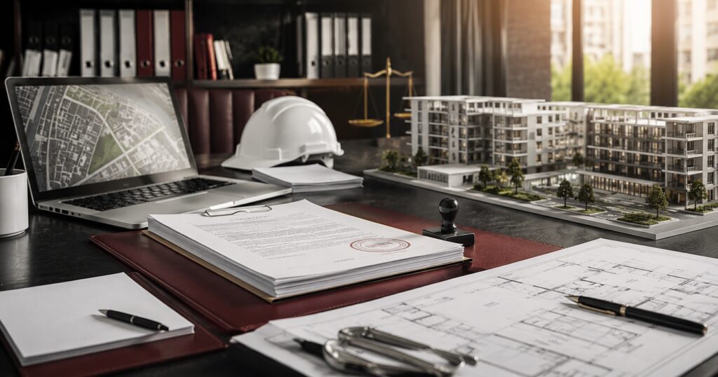 Alvará de construção e licenciamento analisados antes do início de empreendimento imobiliário.