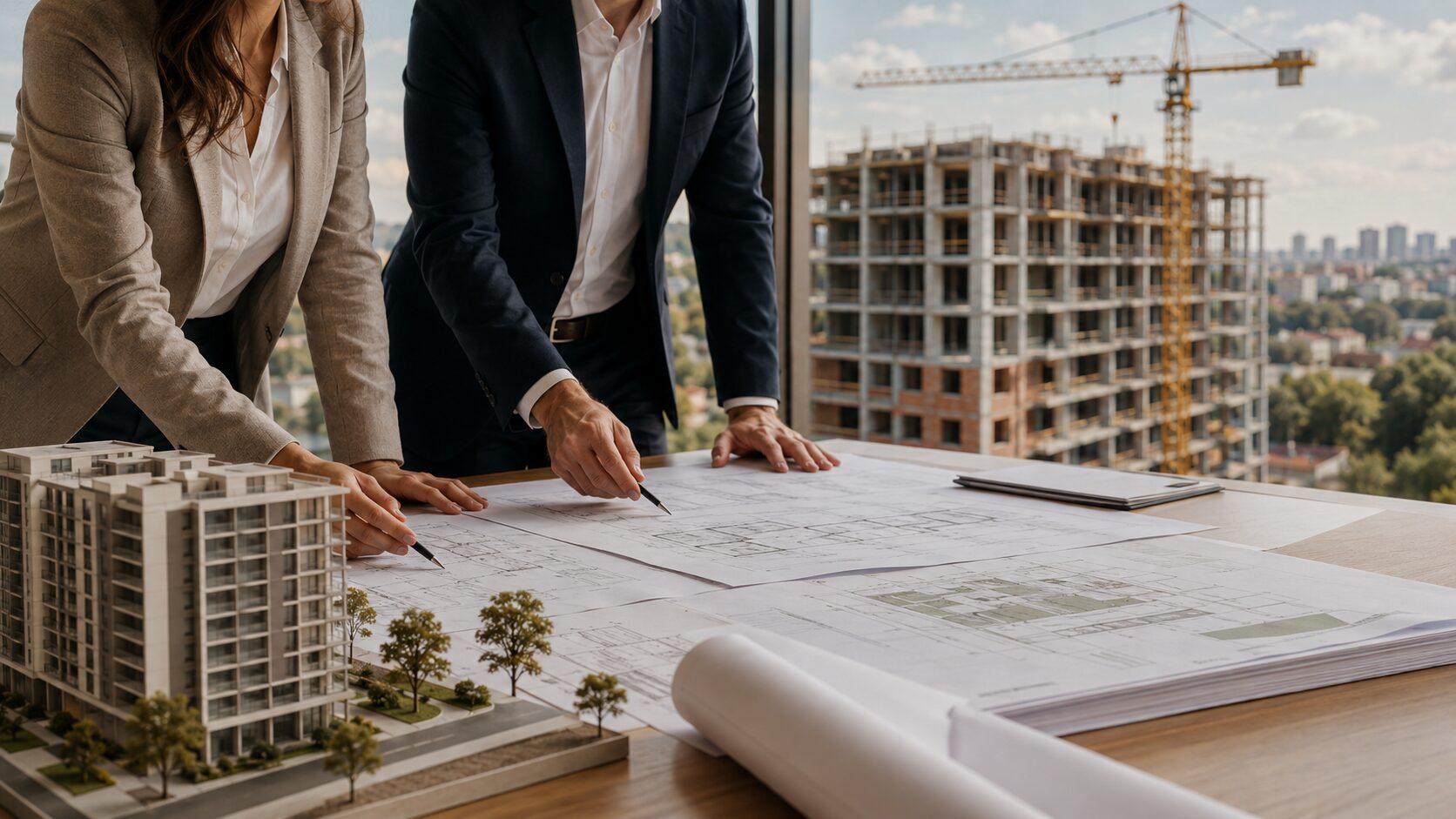 Incorporação imobiliária com profissionais analisando plantas arquitetônicas, maquete de empreendimento e obra em construção ao fundo.
