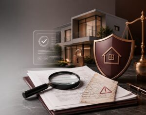 Imagem ilustrativa sobre fraudes imobiliárias, com documentos de imóvel, lupa, chave e alerta de risco em contexto jurídico.