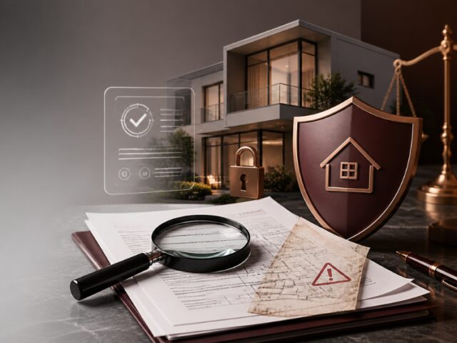 Imagem ilustrativa sobre fraudes imobiliárias, com documentos de imóvel, lupa, chave e alerta de risco em contexto jurídico.