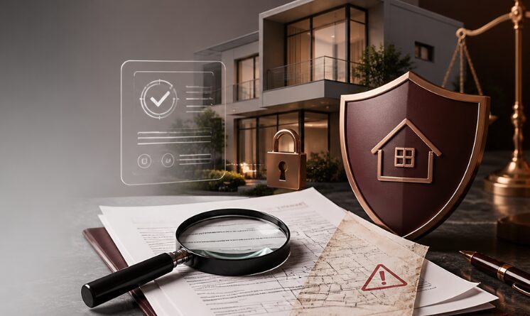 Imagem ilustrativa sobre fraudes imobiliárias, com documentos de imóvel, lupa, chave e alerta de risco em contexto jurídico.