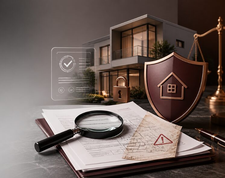 Imagem ilustrativa sobre fraudes imobiliárias, com documentos de imóvel, lupa, chave e alerta de risco em contexto jurídico.