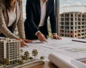 Incorporação imobiliária com profissionais analisando plantas arquitetônicas, maquete de empreendimento e obra em construção ao fundo.