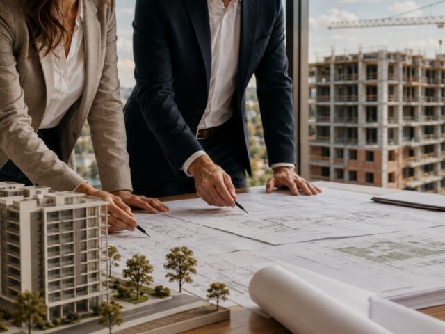 Incorporação imobiliária com profissionais analisando plantas arquitetônicas, maquete de empreendimento e obra em construção ao fundo.
