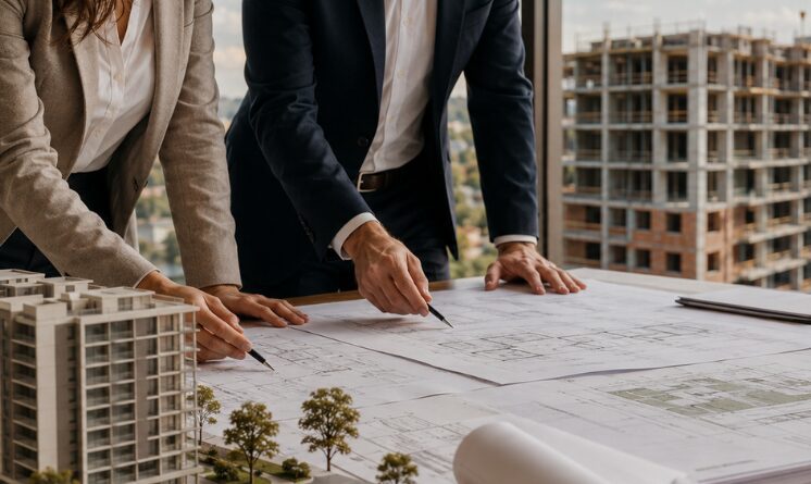 Incorporação imobiliária com profissionais analisando plantas arquitetônicas, maquete de empreendimento e obra em construção ao fundo.