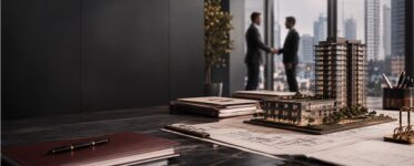 Maquete de edifício em escritório corporativo com documentos imobiliários, representando a estrutura jurídica de uma SPE imobiliária.