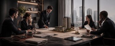 Mesa de escritório com maquete imobiliária, calculadora e gráficos financeiros, representando planejamento tributário de SPE imobiliária em 2026.