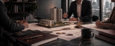 Profissionais em reunião analisando documentos e maquete de empreendimento imobiliário, simbolizando governança e contratos de SPE.