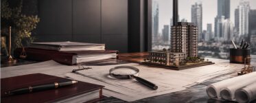 Lupa sobre plantas e documentos imobiliários em escritório jurídico, representando análise preventiva de imóvel antes da constituição de SPE.