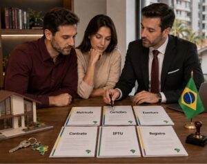 Advogado orienta compradores sobre documentos para compra de imóvel no Brasil, com matrícula, certidões, escritura e registro sobre a mesa.
