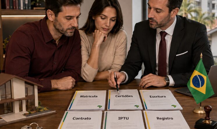 Advogado orienta compradores sobre documentos para compra de imóvel no Brasil, com matrícula, certidões, escritura e registro sobre a mesa.
