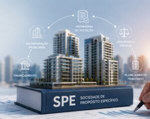 Maquete de empreendimento imobiliário sobre mesa de escritório jurídico com documentos, calculadora e gráficos, representando SPE imobiliária em 2026.