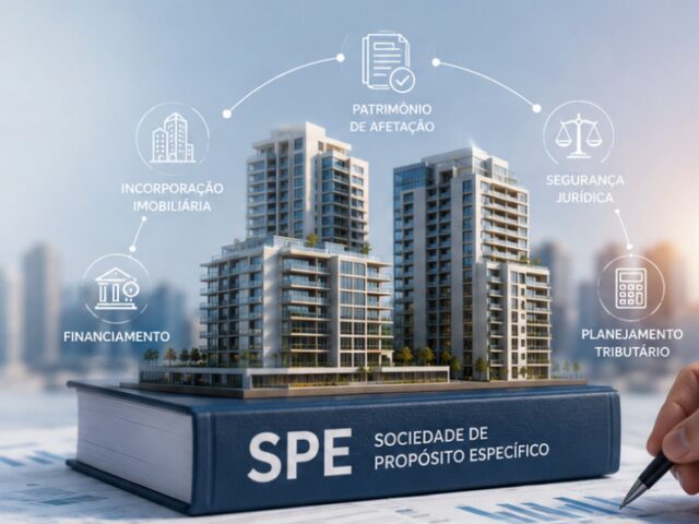 Maquete de empreendimento imobiliário sobre mesa de escritório jurídico com documentos, calculadora e gráficos, representando SPE imobiliária em 2026.