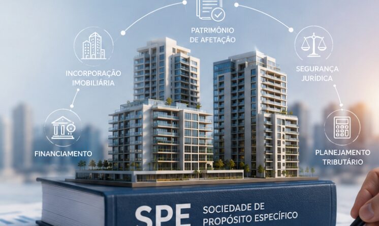 Maquete de empreendimento imobiliário sobre mesa de escritório jurídico com documentos, calculadora e gráficos, representando SPE imobiliária em 2026.