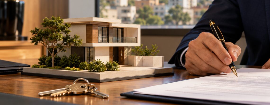 Maquete de casa, chaves e contrato sendo assinado sobre uma mesa de escritório.