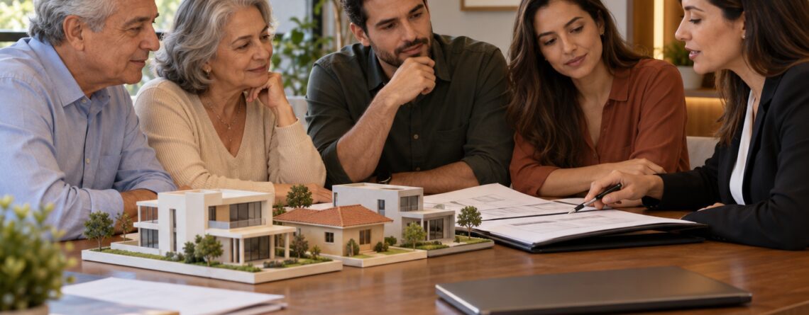 Família reunida com uma profissional analisa documentos e maquetes de imóveis sobre uma mesa.
