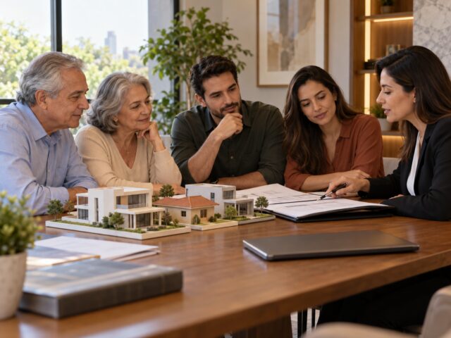 Família reunida com uma profissional analisa documentos e maquetes de imóveis sobre uma mesa.