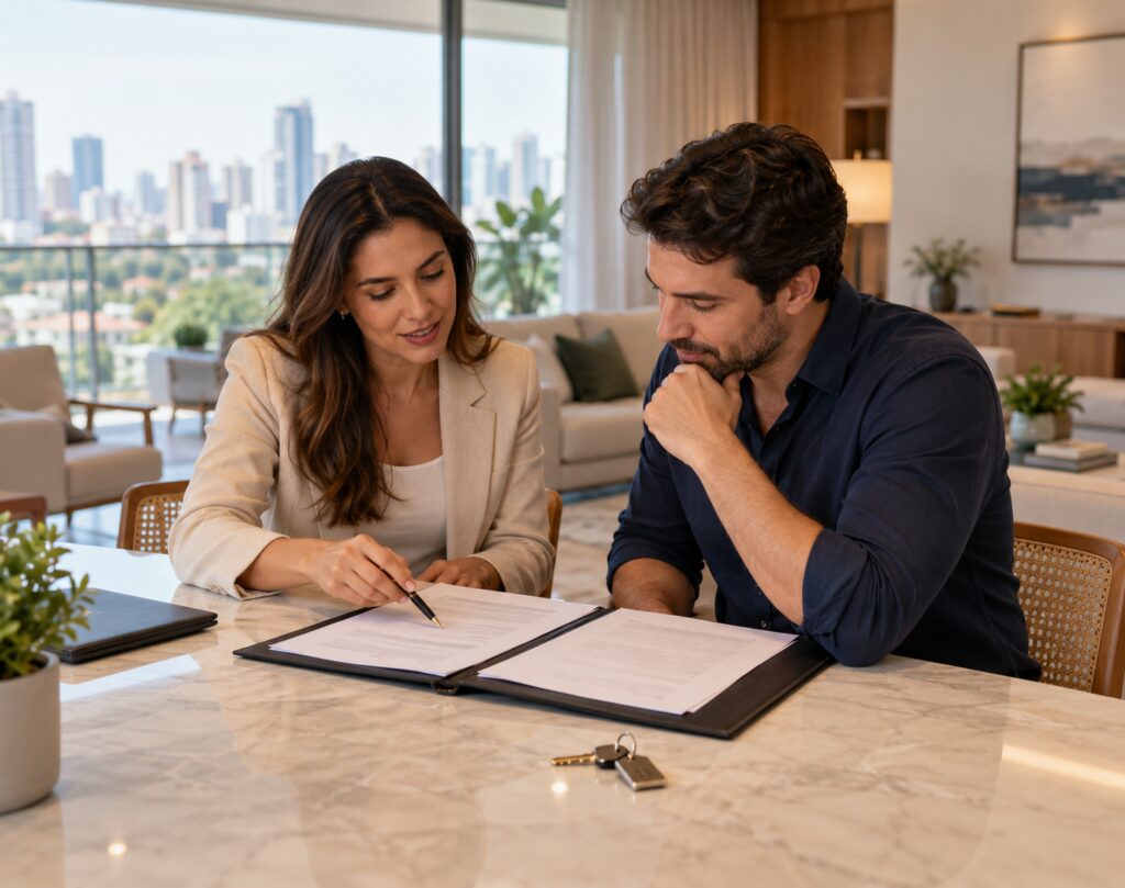 Dois profissionais analisam documentos em uma mesa com uma maquete de edifício.