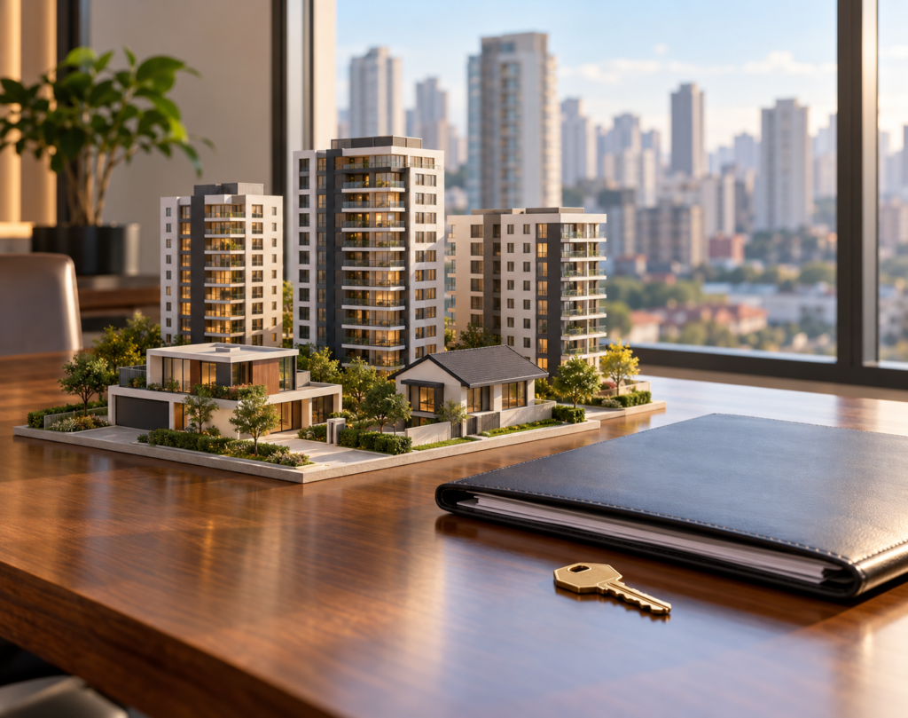 Maquetes de casas e edifícios sobre uma mesa, ao lado de uma pasta e uma chave.
